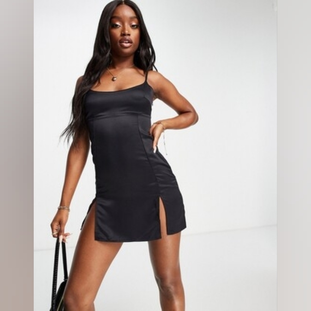 AsYou Satin Square Neck Cami Speghetti Strap Mini Slit Dress